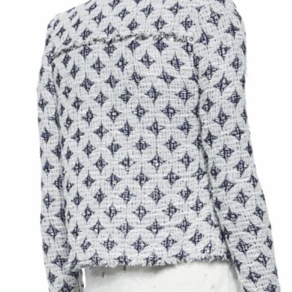 IRO blue/white diamond pattern jacket with white  lamb leather trim, frayed edge - Picture 10 of 13